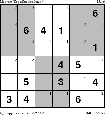 The grouppuzzles.com Medium SuperSudoku-Junior puzzle for Wednesday March 25, 2026 with the first 3 steps marked