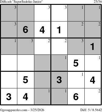 The grouppuzzles.com Difficult SuperSudoku-Junior puzzle for Wednesday March 25, 2026 with the first 3 steps marked