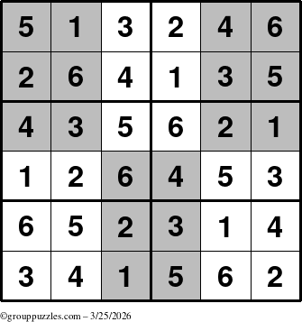The grouppuzzles.com Answer grid for the SuperSudoku-Junior puzzle for Wednesday March 25, 2026