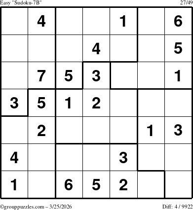 The grouppuzzles.com Easy Sudoku-7B puzzle for Wednesday March 25, 2026