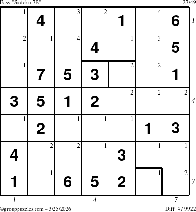 The grouppuzzles.com Easy Sudoku-7B puzzle for Wednesday March 25, 2026, suitable for printing, with all 4 steps marked