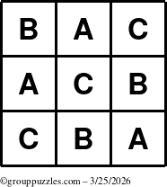 The grouppuzzles.com Answer grid for the TicTac-ABC puzzle for Wednesday March 25, 2026