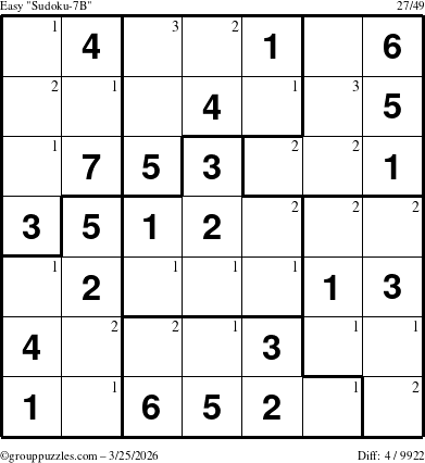 The grouppuzzles.com Easy Sudoku-7B puzzle for Wednesday March 25, 2026 with the first 3 steps marked