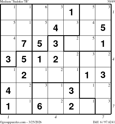 The grouppuzzles.com Medium Sudoku-7B puzzle for Wednesday March 25, 2026, suitable for printing, with all 6 steps marked