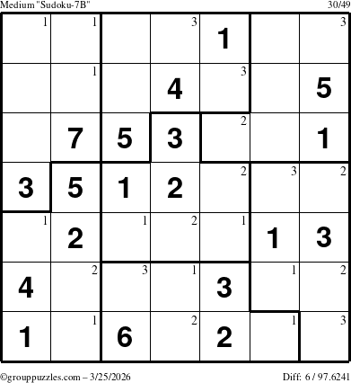 The grouppuzzles.com Medium Sudoku-7B puzzle for Wednesday March 25, 2026 with the first 3 steps marked