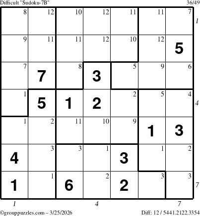 The grouppuzzles.com Difficult Sudoku-7B puzzle for Wednesday March 25, 2026, suitable for printing, with all 12 steps marked