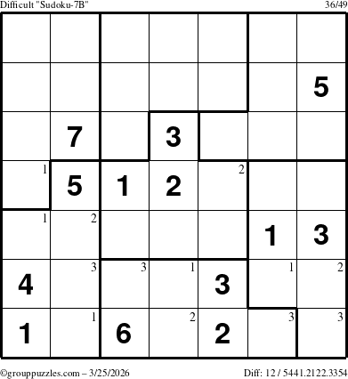 The grouppuzzles.com Difficult Sudoku-7B puzzle for Wednesday March 25, 2026 with the first 3 steps marked