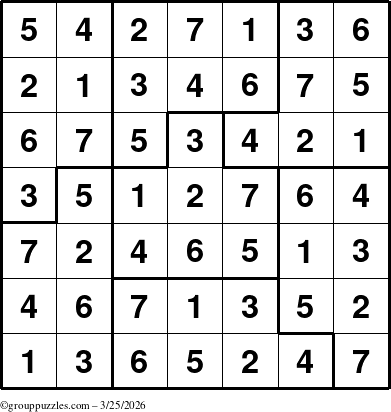 The grouppuzzles.com Answer grid for the Sudoku-7B puzzle for Wednesday March 25, 2026