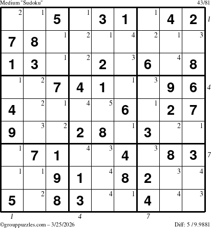 The grouppuzzles.com Medium Sudoku puzzle for Wednesday March 25, 2026, suitable for printing, with all 5 steps marked