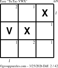 The grouppuzzles.com Easy TicTac-VWX puzzle for Wednesday March 25, 2026 with all 2 steps marked