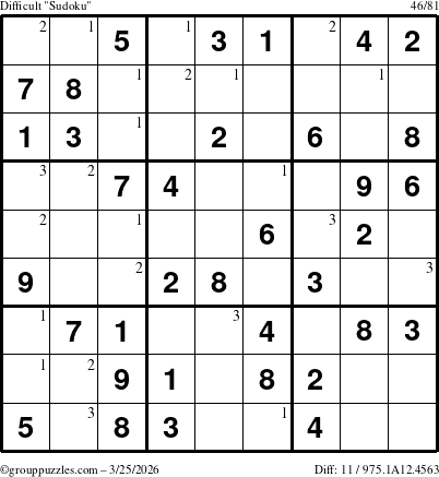 The grouppuzzles.com Difficult Sudoku puzzle for Wednesday March 25, 2026 with the first 3 steps marked