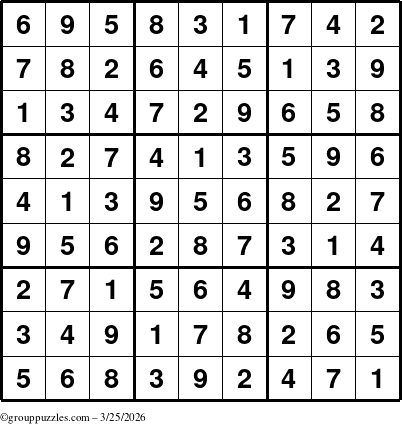 The grouppuzzles.com Answer grid for the Sudoku puzzle for Wednesday March 25, 2026