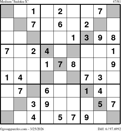 The grouppuzzles.com Medium Sudoku-X puzzle for Wednesday March 25, 2026