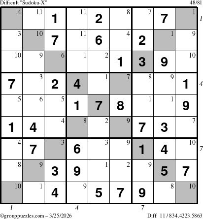 The grouppuzzles.com Difficult Sudoku-X puzzle for Wednesday March 25, 2026, suitable for printing, with all 11 steps marked