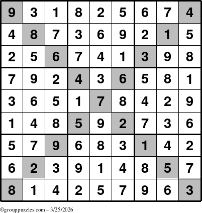 The grouppuzzles.com Answer grid for the Sudoku-X puzzle for Wednesday March 25, 2026