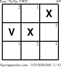 The grouppuzzles.com Easy TicTac-VWX puzzle for Wednesday March 25, 2026 with the first 2 steps marked