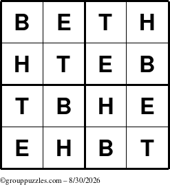 The grouppuzzles.com Answer grid for the Beth puzzle for Sunday August 30, 2026