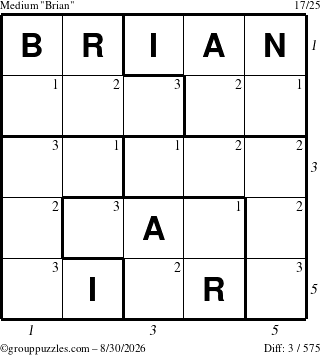 The grouppuzzles.com Medium Brian puzzle for Sunday August 30, 2026 with all 3 steps marked