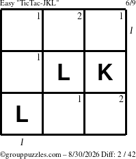 The grouppuzzles.com Easy TicTac-JKL puzzle for Sunday August 30, 2026, suitable for printing, with all 2 steps marked