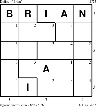 The grouppuzzles.com Difficult Brian puzzle for Sunday August 30, 2026, suitable for printing, with all 4 steps marked