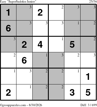 The grouppuzzles.com Easy SuperSudoku-Junior puzzle for Sunday August 30, 2026 with the first 3 steps marked