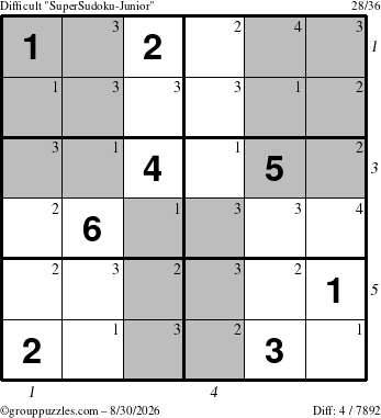 The grouppuzzles.com Difficult SuperSudoku-Junior puzzle for Sunday August 30, 2026, suitable for printing, with all 4 steps marked