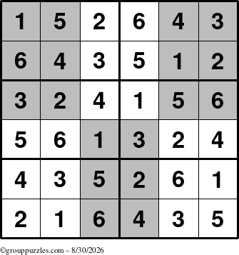 The grouppuzzles.com Answer grid for the SuperSudoku-Junior puzzle for Sunday August 30, 2026