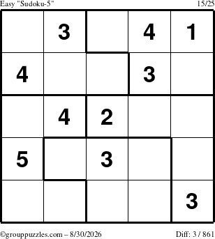 The grouppuzzles.com Easy Sudoku-5 puzzle for Sunday August 30, 2026