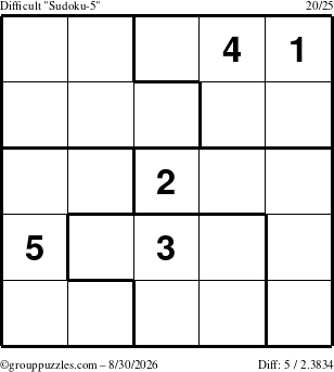 The grouppuzzles.com Difficult Sudoku-5 puzzle for Sunday August 30, 2026