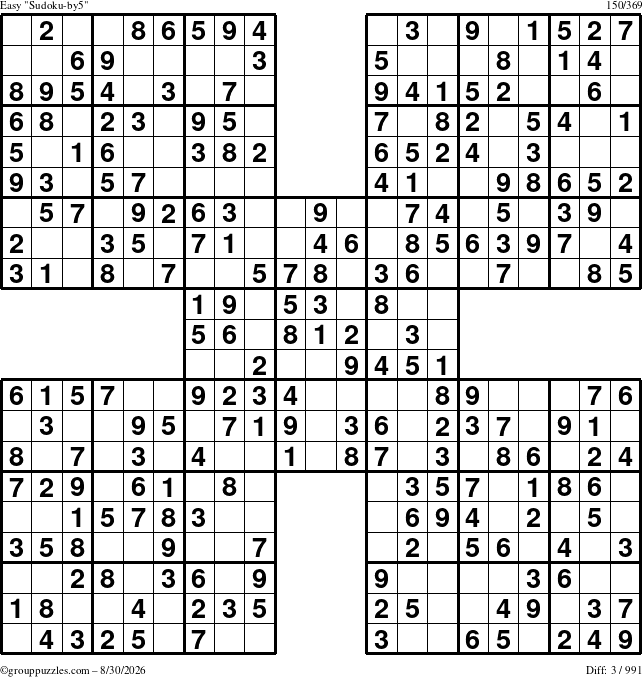 The grouppuzzles.com Easy Sudoku-by5 puzzle for Sunday August 30, 2026