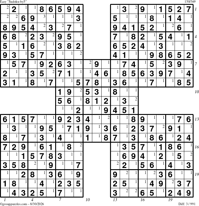 The grouppuzzles.com Easy Sudoku-by5 puzzle for Sunday August 30, 2026 with all 3 steps marked