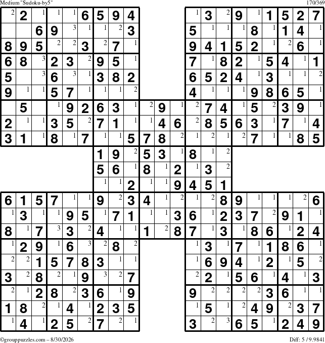 The grouppuzzles.com Medium Sudoku-by5 puzzle for Sunday August 30, 2026 with the first 3 steps marked