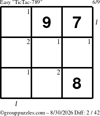 The grouppuzzles.com Easy TicTac-789 puzzle for Sunday August 30, 2026 with all 2 steps marked