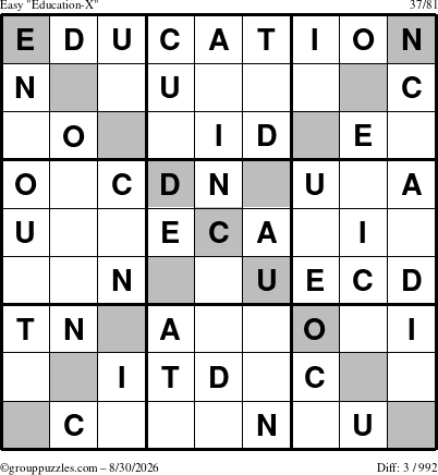 The grouppuzzles.com Easy Education-X puzzle for Sunday August 30, 2026