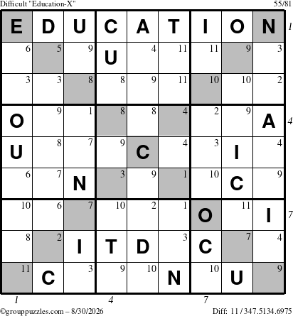 The grouppuzzles.com Difficult Education-X puzzle for Sunday August 30, 2026 with all 11 steps marked