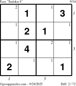 The grouppuzzles.com Easy Sudoku-4 puzzle for Sunday September 28, 2025 with all 2 steps marked