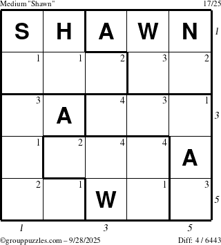 The grouppuzzles.com Medium Shawn puzzle for Sunday September 28, 2025 with all 4 steps marked