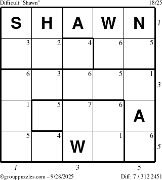 The grouppuzzles.com Difficult Shawn puzzle for Sunday September 28, 2025 with all 7 steps marked