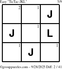 The grouppuzzles.com Easy TicTac-JKL puzzle for Sunday September 28, 2025 with the first 2 steps marked