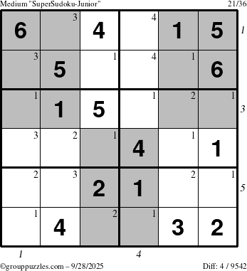 The grouppuzzles.com Medium SuperSudoku-Junior puzzle for Sunday September 28, 2025, suitable for printing, with all 4 steps marked