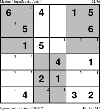 The grouppuzzles.com Medium SuperSudoku-Junior puzzle for Sunday September 28, 2025 with the first 3 steps marked
