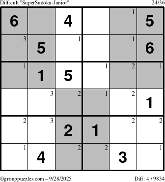 The grouppuzzles.com Difficult SuperSudoku-Junior puzzle for Sunday September 28, 2025 with the first 3 steps marked