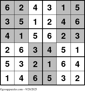 The grouppuzzles.com Answer grid for the SuperSudoku-Junior puzzle for Sunday September 28, 2025