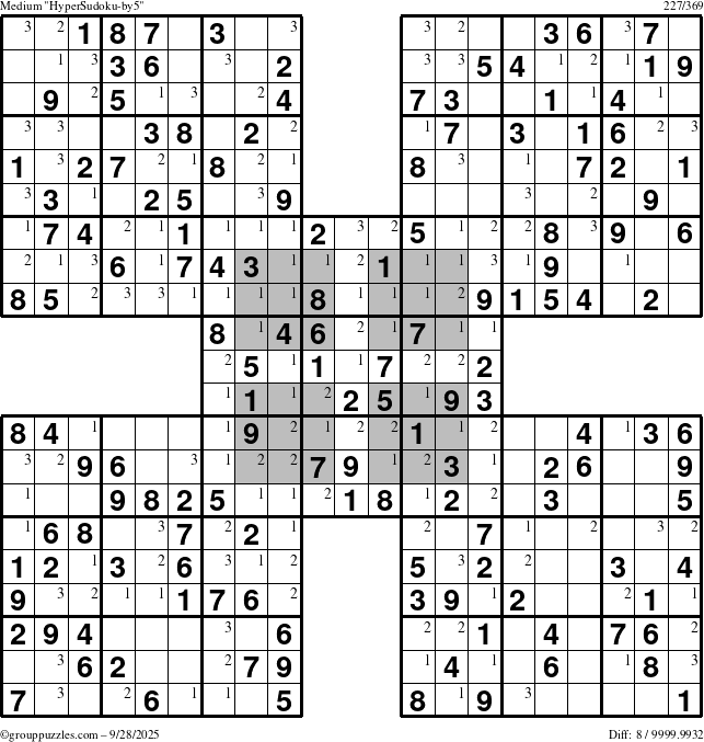 The grouppuzzles.com Medium HyperSudoku-by5 puzzle for Sunday September 28, 2025 with the first 3 steps marked