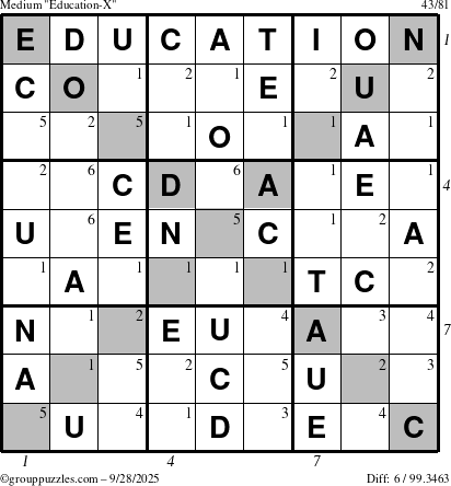 The grouppuzzles.com Medium Education-X puzzle for Sunday September 28, 2025, suitable for printing, with all 6 steps marked