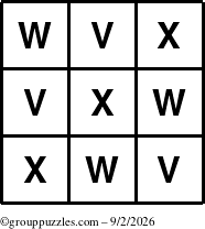 The grouppuzzles.com Answer grid for the TicTac-VWX puzzle for Wednesday September 2, 2026