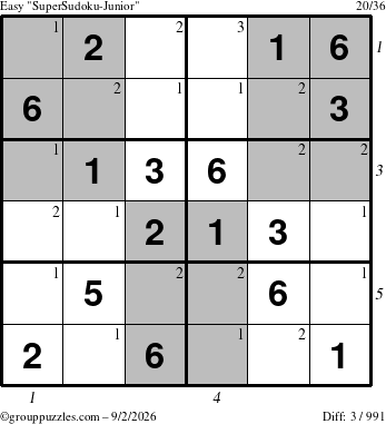 The grouppuzzles.com Easy SuperSudoku-Junior puzzle for Wednesday September 2, 2026, suitable for printing, with all 3 steps marked