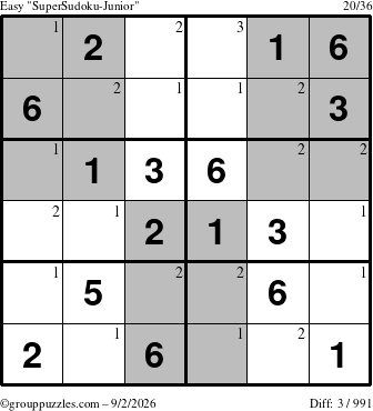 The grouppuzzles.com Easy SuperSudoku-Junior puzzle for Wednesday September 2, 2026 with the first 3 steps marked
