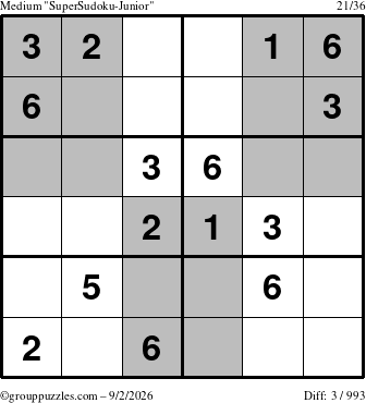The grouppuzzles.com Medium SuperSudoku-Junior puzzle for Wednesday September 2, 2026