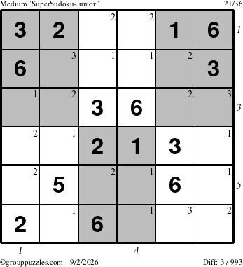 The grouppuzzles.com Medium SuperSudoku-Junior puzzle for Wednesday September 2, 2026 with all 3 steps marked